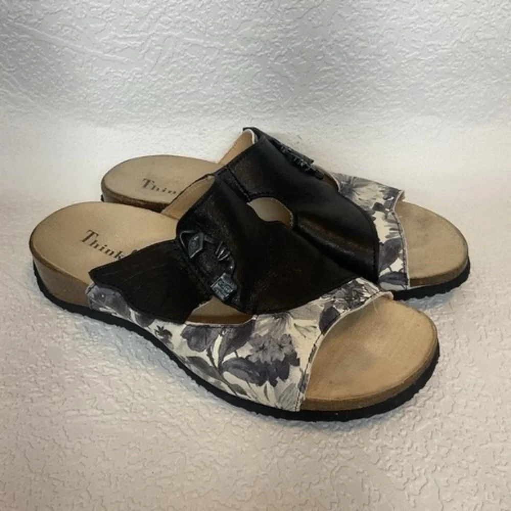 Think! Mizzi Black Slip On Sandals‎  Women 42/US11 Austria Leather/Cork/Rubber